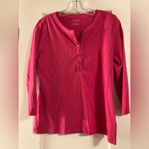 Talbots Pink Rose Ladies Long Sleeve Shirt Button Front Ruffle Neck Size Small